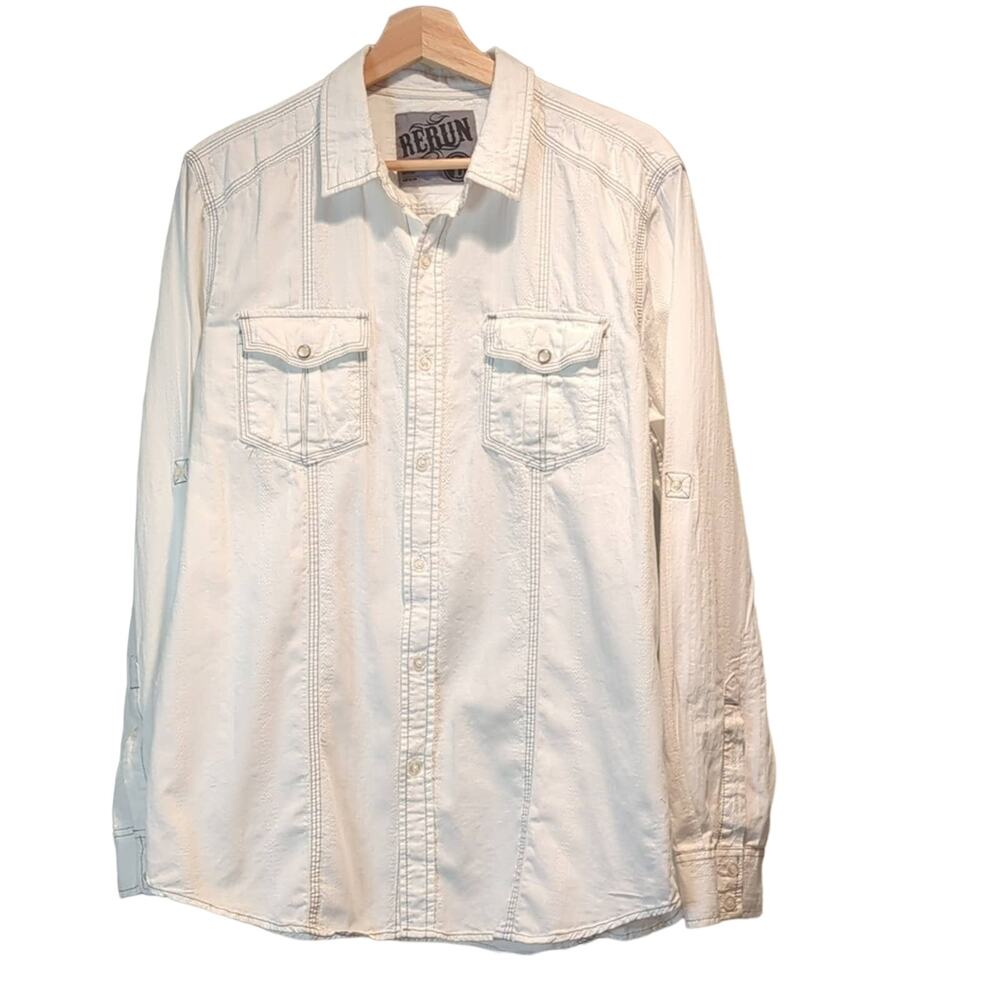 Rerun Mens White Button Front Shirt Roll Tab Sleeves Pearl Snap Large Western